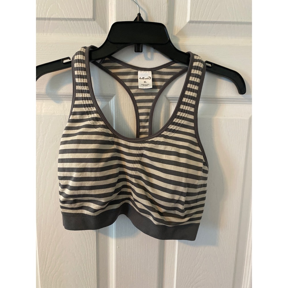 Half Moon by Modern Movement Striped Racerback Sports Bra Grey Cream XL
